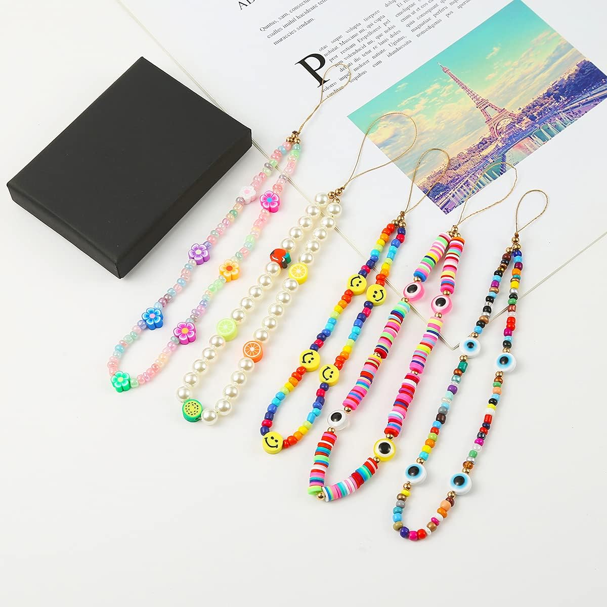 6PCS Taouzi Beaded Phone Charms Strap Fruit Star Faux Pearl Rainbow Beads Phone Chains Beaded Lanyard for Camera Key