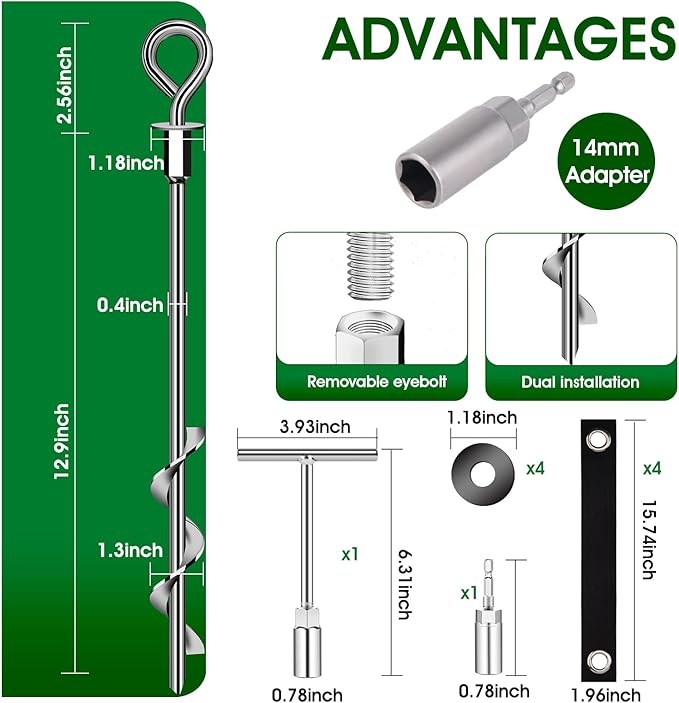 Trampoline Anchors Set of 4 - Heavy Duty Trampoline Stakes - Ground Anchors Resistant High Wind - Ground Stakes Heavy Duty with Straps(Silver-4x15)