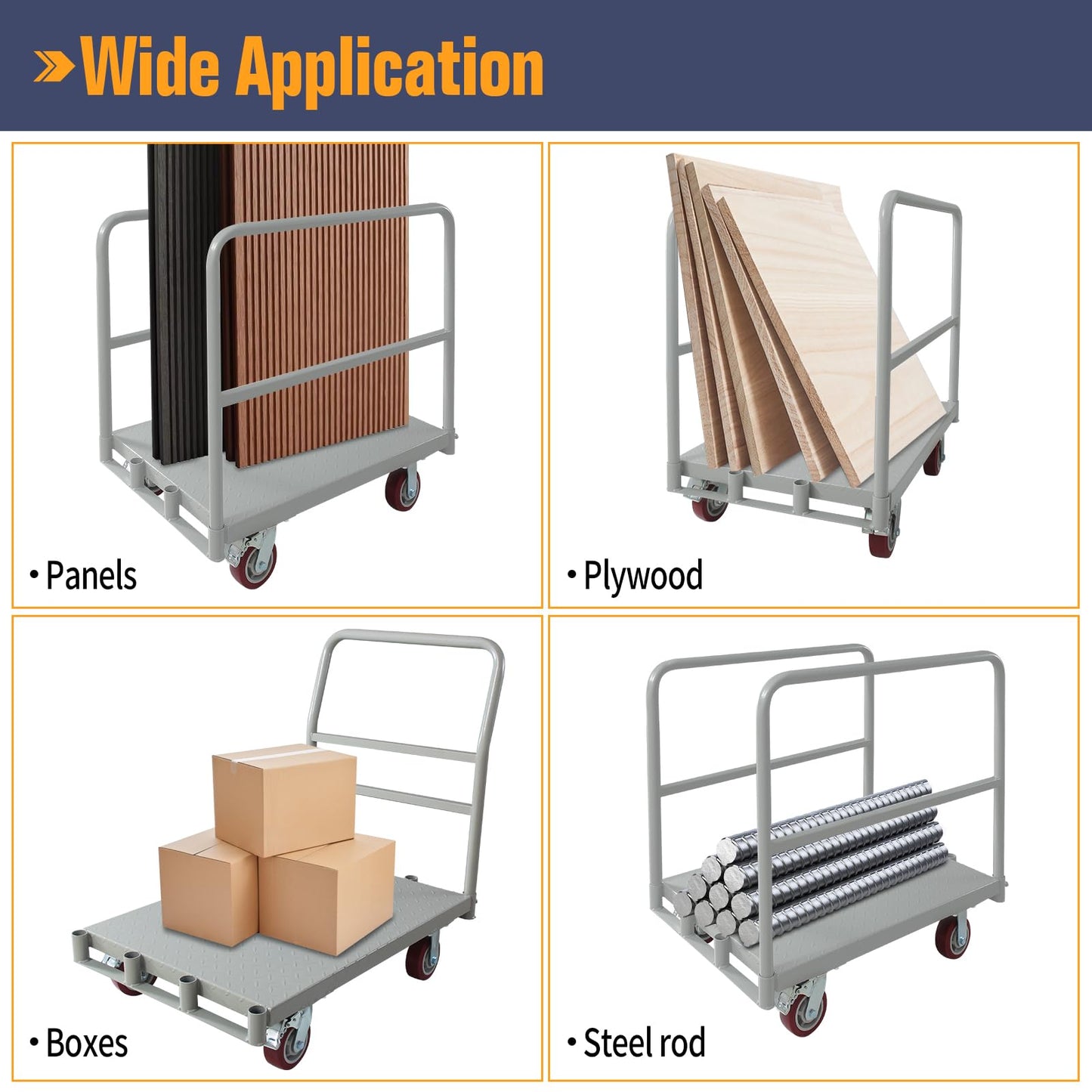 2IN1 Steel Panel Truck Cart, Lumber Cart Drywall Dolly，2500LBS Heavy Duty Flatbed Cart Dolly with 5" Swivel Brake Wheels, 2MM Plate Platform Truck with 1Front and 2Side Handrails