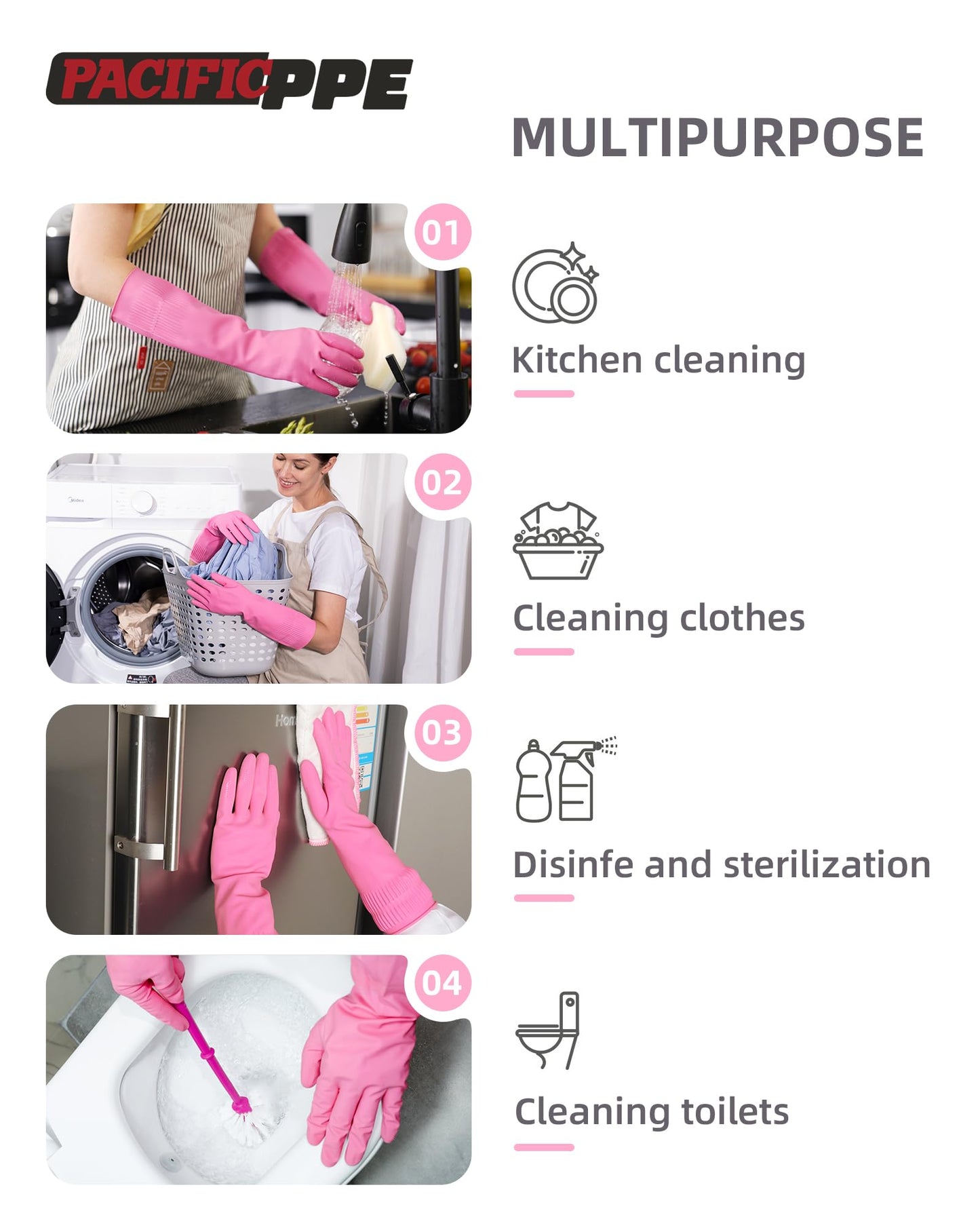 PACIFIC 2 Pairs Reusable Rubber Gloves for Washing Dishes and Cleaning Tasks, Water Resistant Household Gloves for Kitchen Bathroom, Grippy Latex Dish Washing, Pink, Small