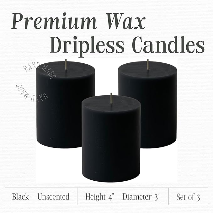 Mister Candle Dripless Unscented Pillar Candles, Set of 3 Hand Poured Solid Color Non-Scented Candles for Home Decor, Premium Wax, 60 Hr Burn Time - 3x4 Inch, Black