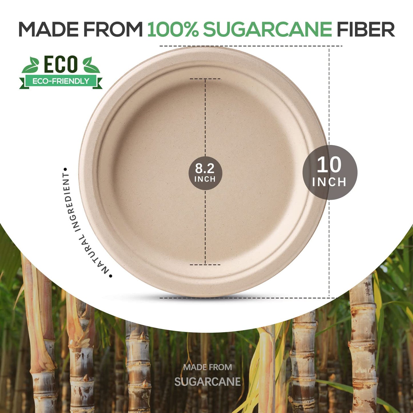 Gezond 100% Compostable Plates, Paper Plates 10 Inch 125 Pack Disposable Heavy-duty Plate Biodegradable Sugarcane Bagasse Plate for Party Picnic (Natural)