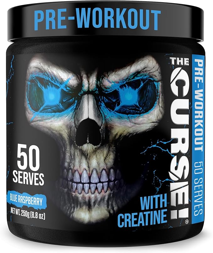 JNX SPORTS The Curse! Pre Workout Powder for Men & Women, Caffeine, Beta-Alanine, Creatine, L-Citrulline, 50 Servings, Blue Raspberry Flavor ??Boost Energy, Strength & Focus