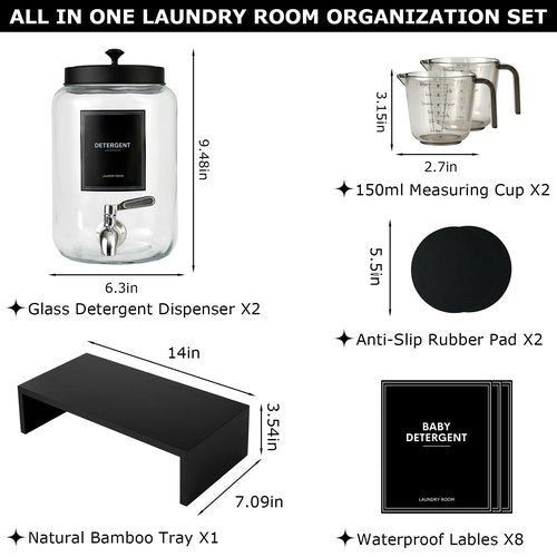 Glass Laundry Detergent Dispenser with Bamboo Shelf, 108oz Liquid Dispensers with Stainless Steel Tap, Large Reusable Softener Soap Containers with Stand for Washer Room Organization