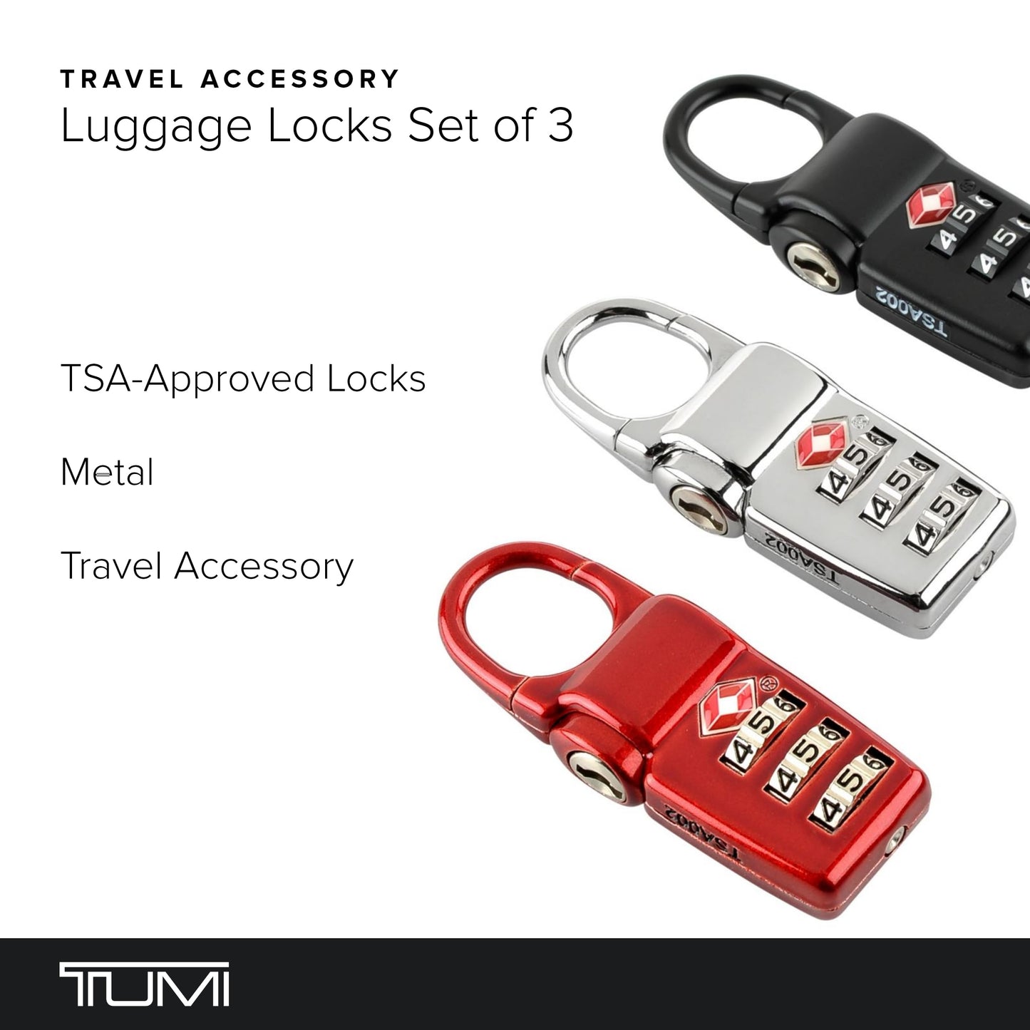 TUMI - TSA Lock Box - Combination Lock for Luggage & Backpack - TSA-Approved Locks - Travel Security Accessories - Set of 3 - Black/Silver/Red