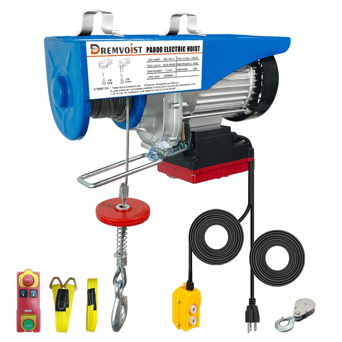 Dremvoist Electric Hoist with Remote Control,1760lbs Electric Hoist 110 Volt,Electric Hoist Winch Wireless/Wired 2 in 1,33/66FT Lifting Height,for Factories,Garage,Warehouses, Construction Site