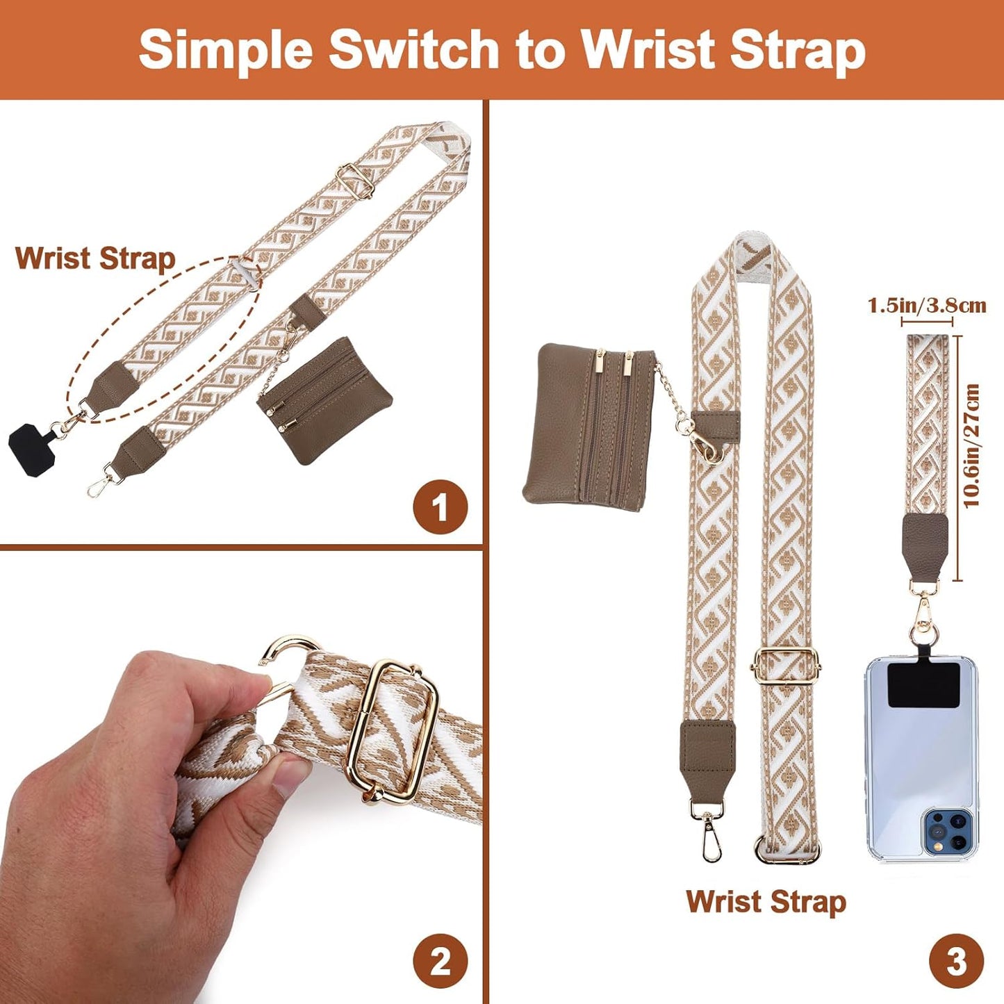 5 XANGNIER Clip and Go Strap for Phone with Wallet Crossbody, Phone Strap with Zippered Wallet, Adjustable Anti Theft