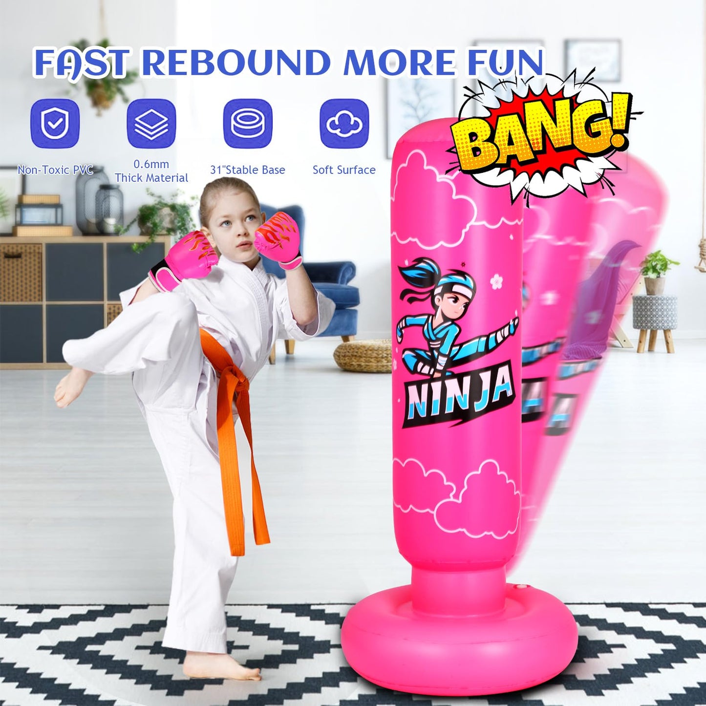Onirii Kids Punching Bag Toy with Boxing Gloves,66 Inch Larger Stable Updated 4-in-1 Ninja Kids Inflatable Boxing Bag Set,Gifts for Boys & Girls Age 5-12 for Taekwondo,MMA and Practicing Karate