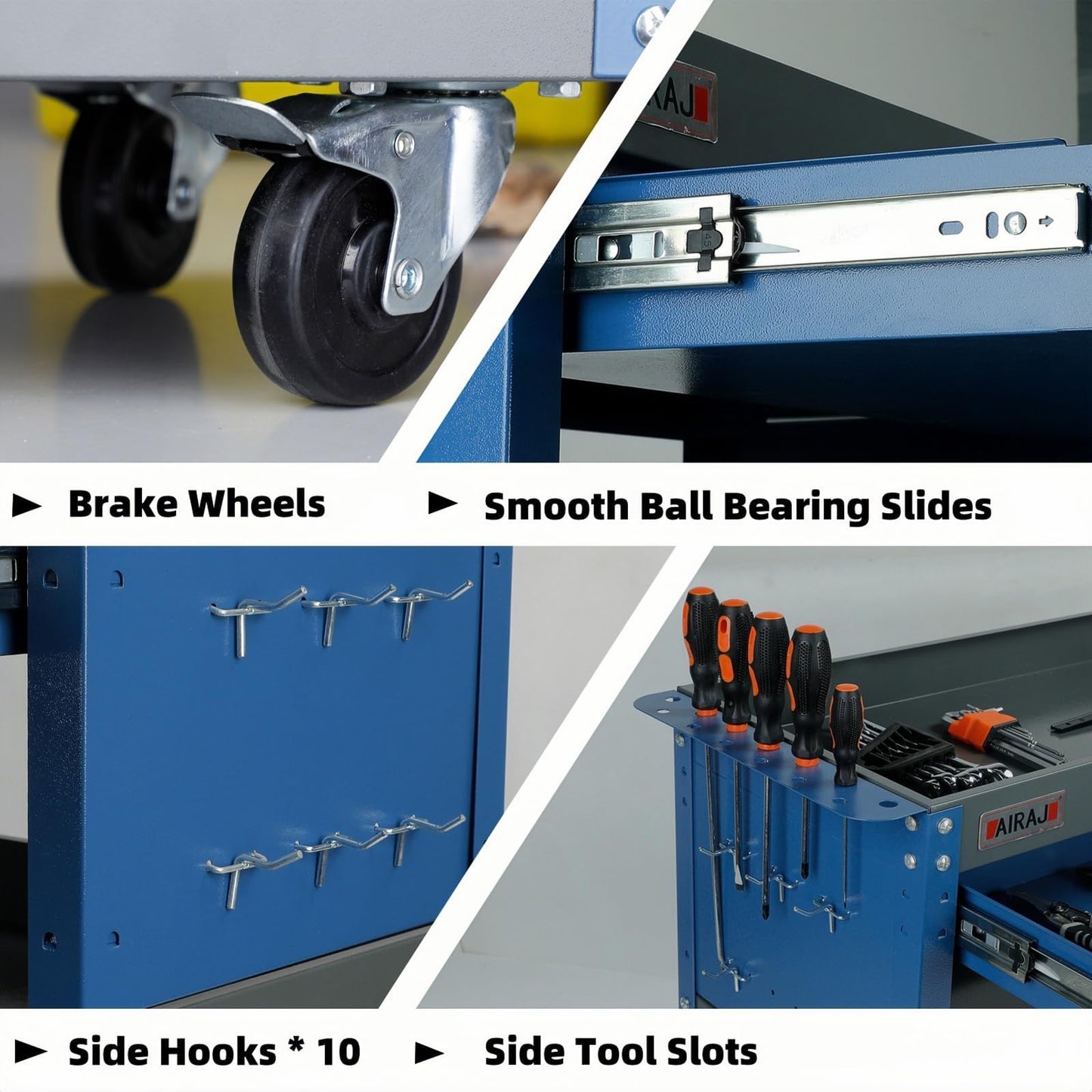 AIRAJ PRO Tool Cart,440LBS Service Cart,4-Tier Tool Cart on Drawers,Hooks,Parts Box and Locking System for Warehouse,Garage,Workshop