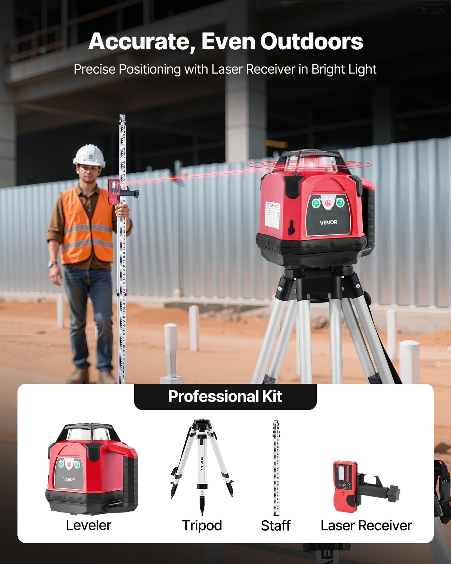 VEVOR Rotary Laser Level Kit, 2650ft 360-Degree Self Leveling Red Horizontal Laser Transit,with Heavy-duty Tripod, Receiver, Remote Control, Toolcase, IP66 Waterproof, 0.06in/100ft for Construction