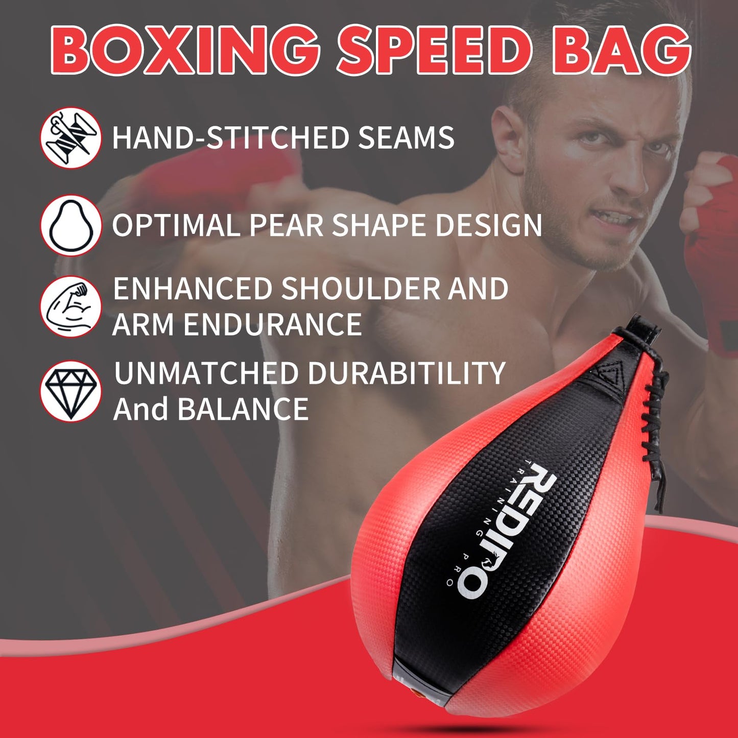 Redipo Boxing Speed Bag - PU Leather Speed Punching Bag, MMA Training Reflex Ball Boxing Equipment, Punching Bag Workout Kicking Training Home Gym Exercise Speed Ball (Black&Red)