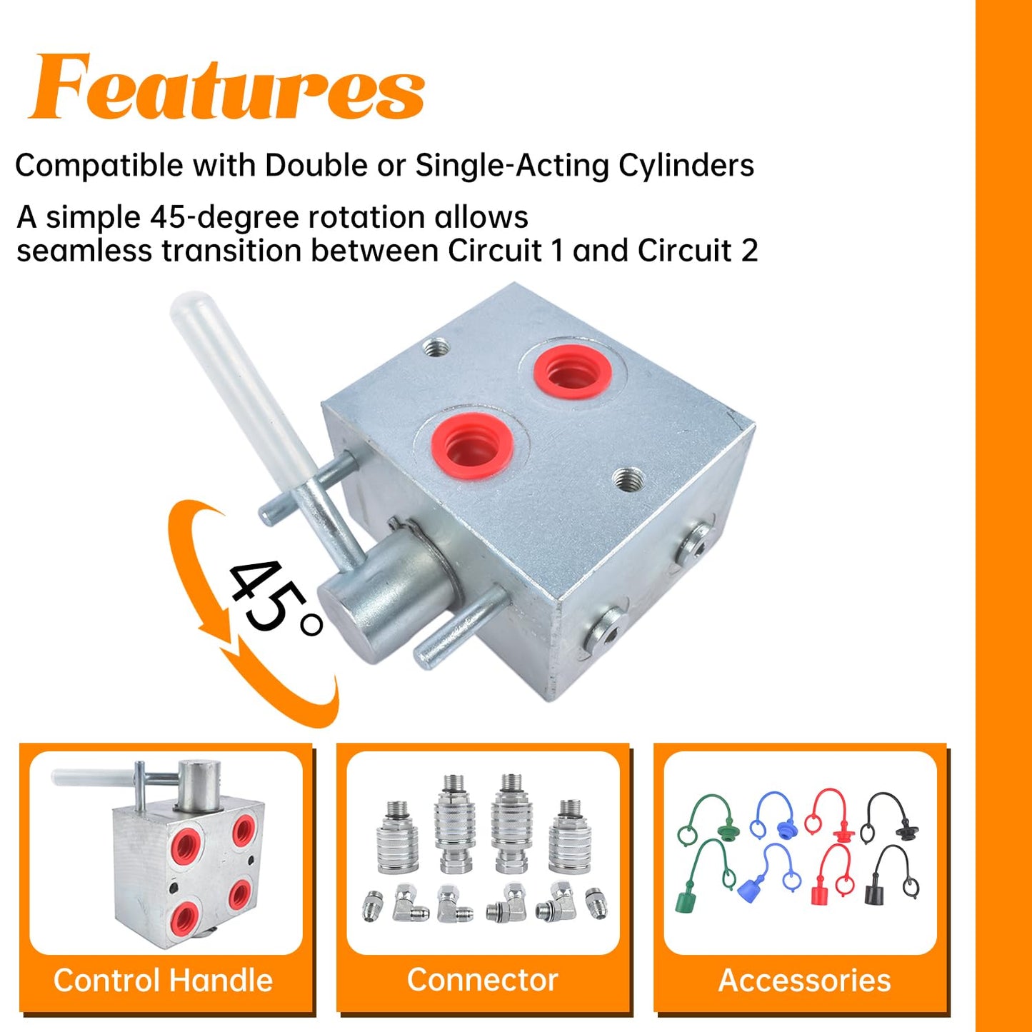 Lamerto Manual Hydraulic Multiplier SCV Splitter Diverter Valve - for Double/Single-Acting Cylinders, 3000 PSI, 20 GPM Flow, 45° Quick Switch, Leak-Proof 3/4-16 ORB (-08) Thread with Coupler Fitting