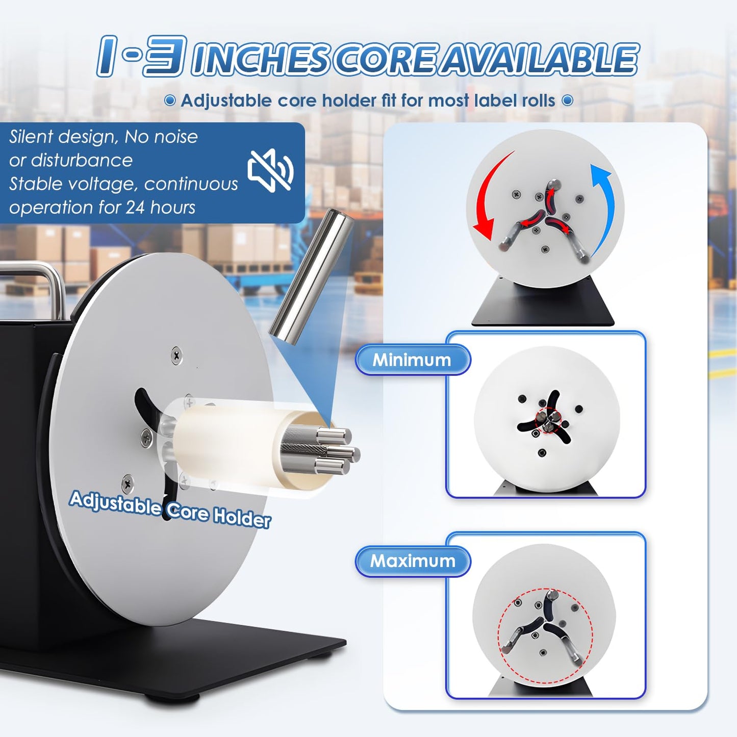 Frifreego Automatic Label Rewinder Speed-Adjustable Label Rewinding Machine, Synchronized with Printer, Adjustable Core Holder 1"- 3", Label Width 120mm/4.72 inch,Roll Diameter 185mm/7.28"