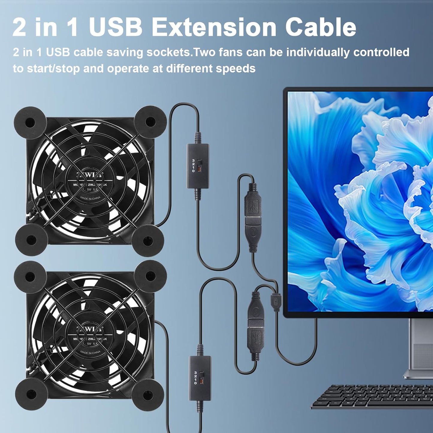 ZIWIJE 2Pack 80mm, 3 5V Quiet USB Fan Speeds Controller USB Cooling Cooler Silent Computer Fan for Router DVR