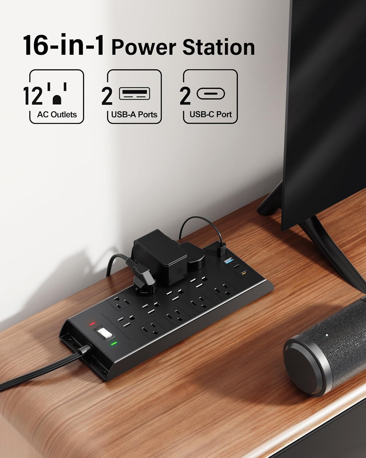 LeZone 4800J, 10Ft 12 2 2 20W Surge Protector Power Strip Long Extension Cord Flat Plug, Outlets USB C USB Ports, Wall
