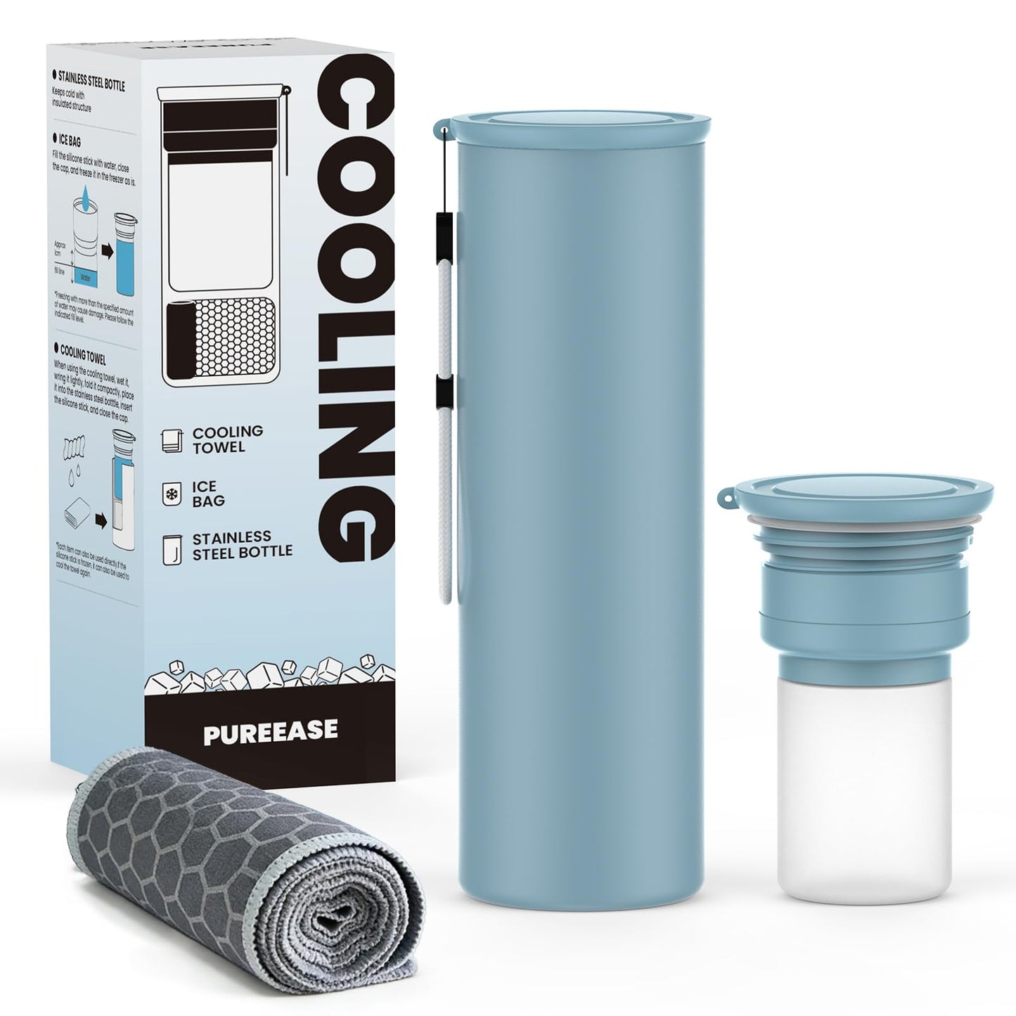 COOLING STATION 3-in-1 Portable Kit: Insulated Stainless Steel Bottle with Reusable Ice Bag & Cooling Towel. Long-Lasting Cold Relief for Daily Commute, Gym, Sports & Outdoor Travel. (Gray-green)