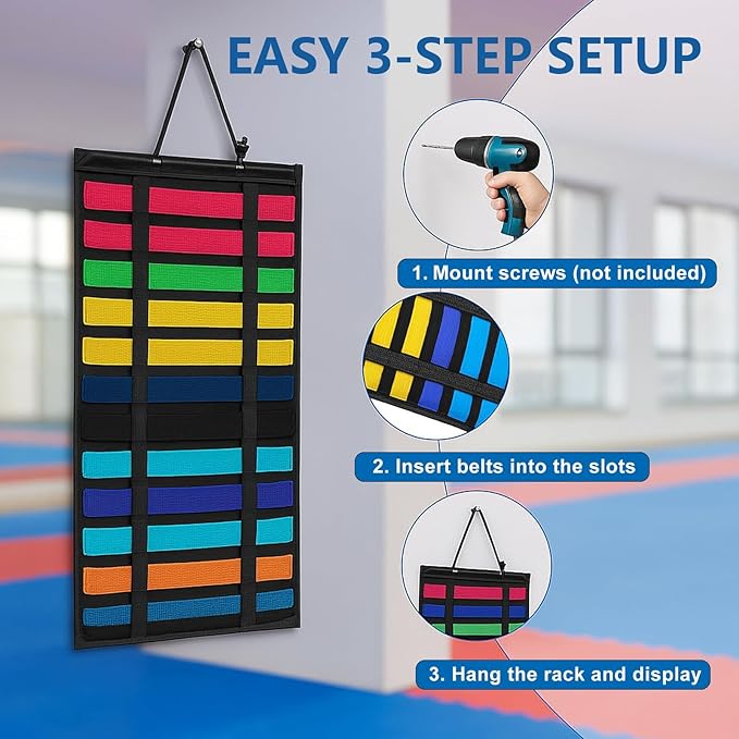 Karate Belt Display Rack 12 Belts Holder, High-Density Felt Fabric Taekwondo Belt Display with Reinforced Elastic LoopsTaekwondo, Martial Arts Belt Display Wall Mount Felt Foldable