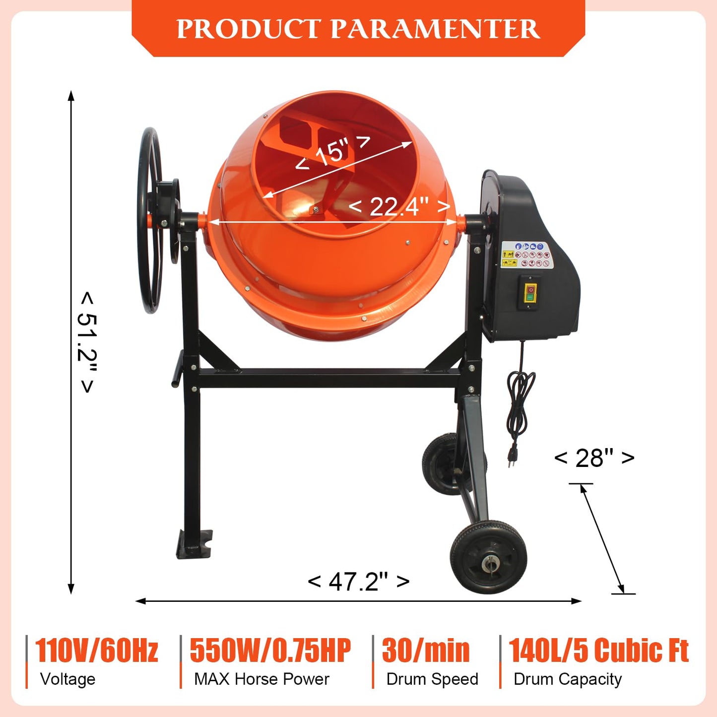 PulSpeed 5 Cubic Ft Concrete Cement Mixer with Wheel and Stand,Electric ConcreteMixer 0.75 HP 550W Adjustable Tilt, Portable Heavy Concrete Mud Mixer Toolsfor Mortar Stucco Seeds and Fodder