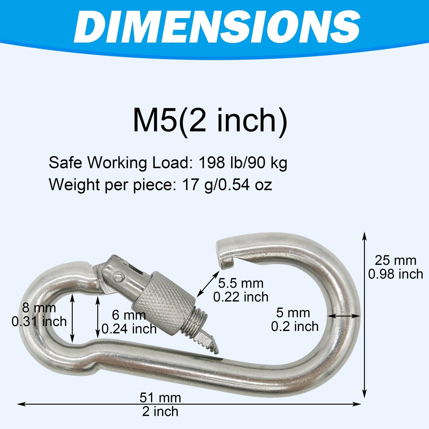 Outmate 304 Stainless Steel Carabiners -2 inch Heavy Duty, Durable & Rust-Free Clips for Gym, Swing, Dog Leashes, Hammocks, Keychains, and More(304,M5 with Screw,Pack of 12)