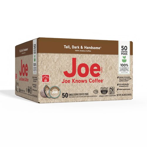 Joe Knows Coffee, Tall Dark & Handsome – 50 Count Compostable Dark Roast Coffee Pods | Bold & Rich Flavor | Compatible With K-Cup Brewers | Eco-Friendly | Kosher | Gluten-Free
