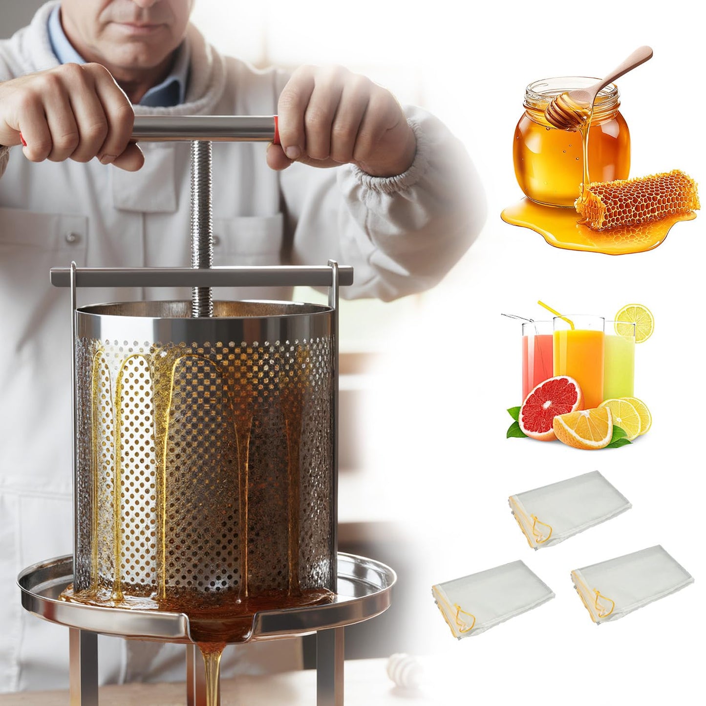 FWTRMRC Honey Press, 3.5 Gallon Honey Extractor Manual Stainless Steel Bee Honey Press Extractor Household Manual Mesh Honey Press Extractor Machine for Wine Honey and Juice Making