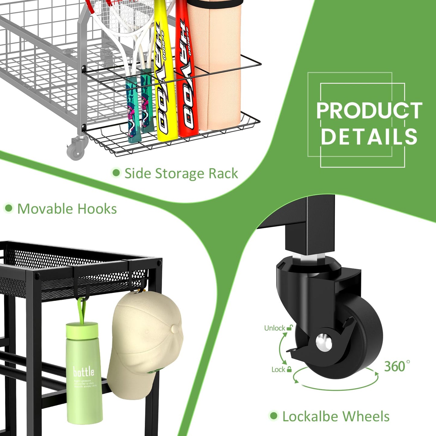 ThreeHio Home Gym Storage Rack, Dumbbell Rack with Yoga Mat Storage, Weight Rack Stand with Lockable Wheels and Hooks, Home Workout Equipment Organizer for Yoga, Dumbbell, Kettlebells, Ball Storage