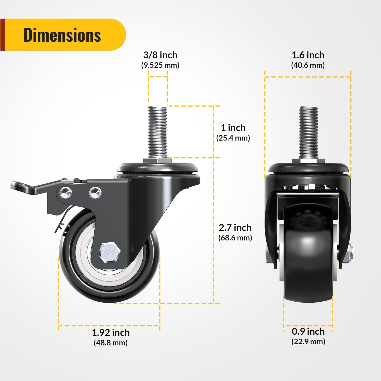 HOLKIE Stem Caster Wheels 2 inch Total Locking Casters Set of 4, Threaded Stem 3/8" -16 x 1 (Diameter 3/8", Length 1") Swivel Heavy Duty Castors Black
