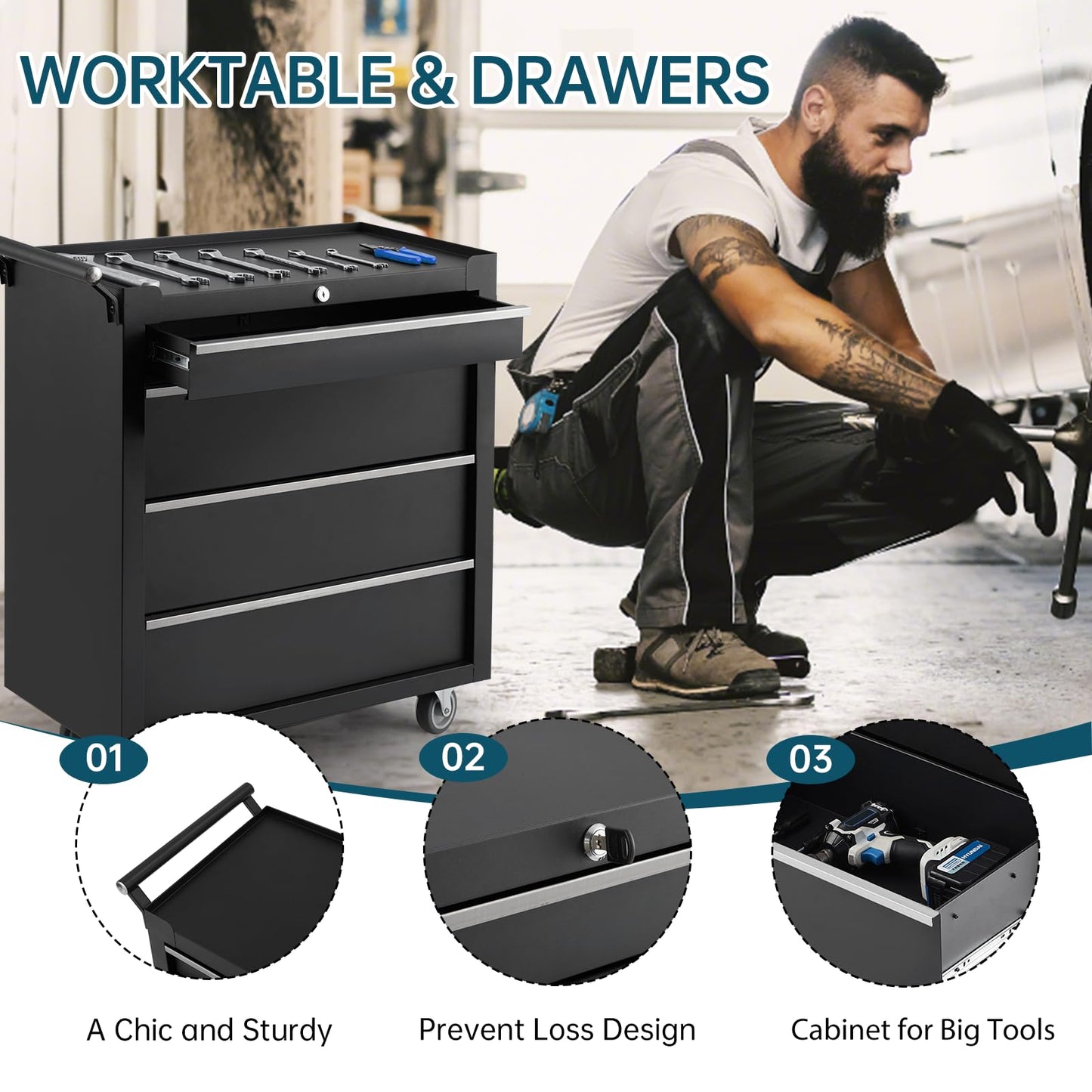 ActiveTrail 4-Drawer Rolling Tool Chest Cabinet,Portable Tool Storage Cart with Smooth Wheels,Lockable Toolbox Organizer with Drawer Liners,Heavy-Duty Steel Tool Cabinet for Garage and Workshop Use