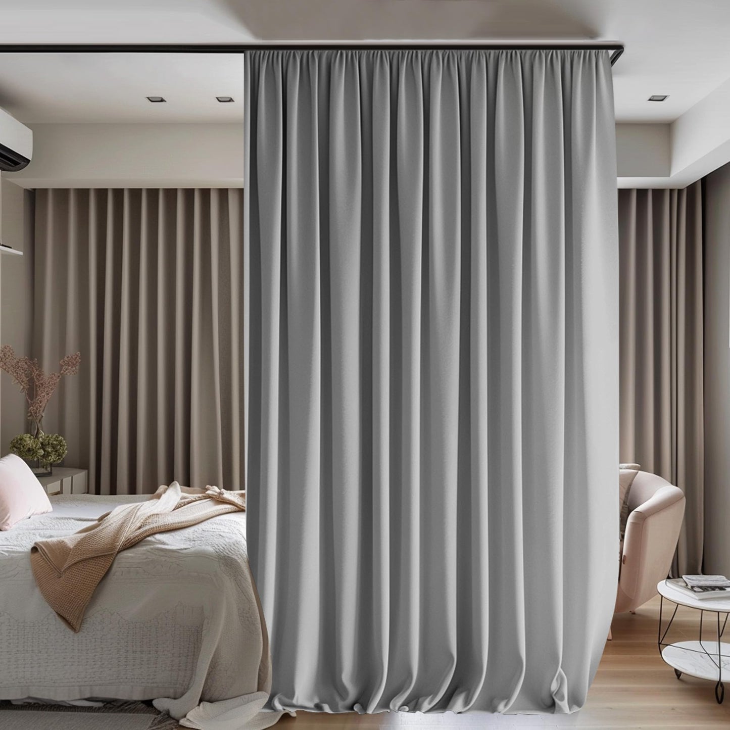 Room Divider Curtains Flexible Ceiling Tracks set Curtain track Ceiling Mount Blackout Curtain for Living Room Bedroom Ceiling Curtain Rod Privacy Dividers Panel W180xH108 Light Grey Drape&Black rail