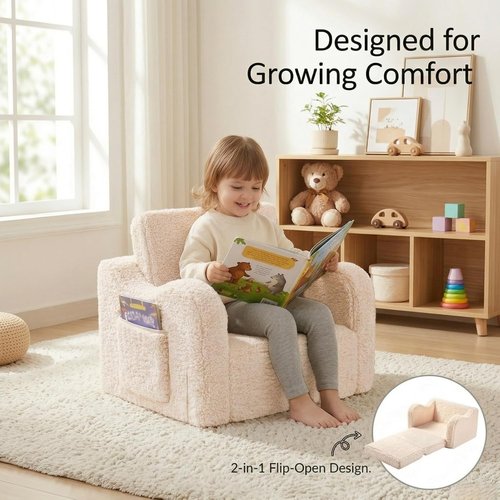 MOMCAYWEX Kids Sofa - 2-in-1 Flip-Out Foam Couch with Soft Sherpa Cover | Cozy Cream Lounge Chair