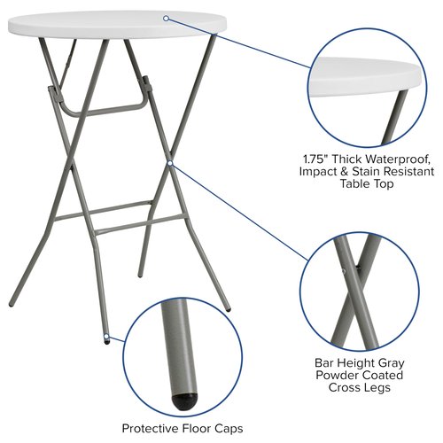 Flash Furniture Elon 32' Round Folding Bar Height Table for Parties and Commercial Events, Indoor/Outdoor Plastic Tall Round Table, White
