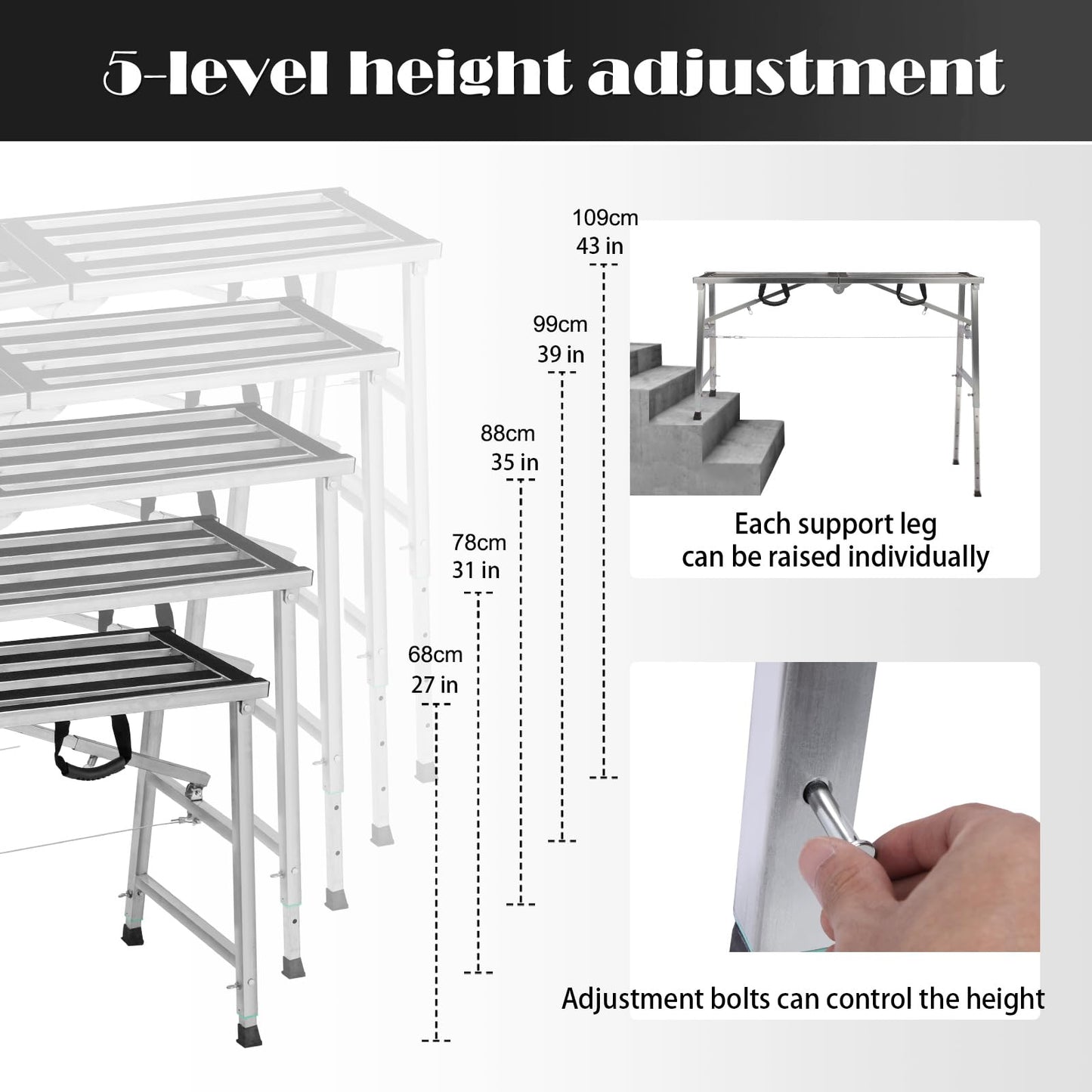 GMGSPT Folding Scaffolding Platform Steel Step Ladder Stool Height Adjustment 27-43"(H) Portable for Home Improvement, Drywall Painting, Maintenance at Height, Maximum Load 600lbs