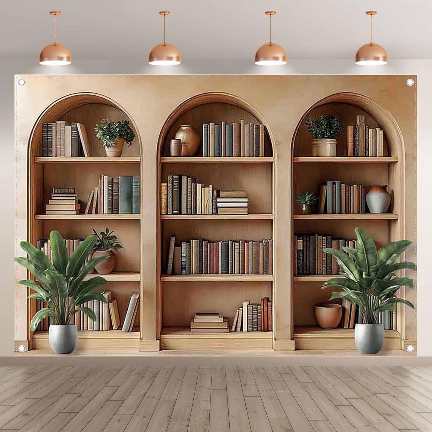 YCUCUEI 7x5ft Fabric Arched Bookshelf Backdrop School Library Books Modern Office Plants Video Conference Photography