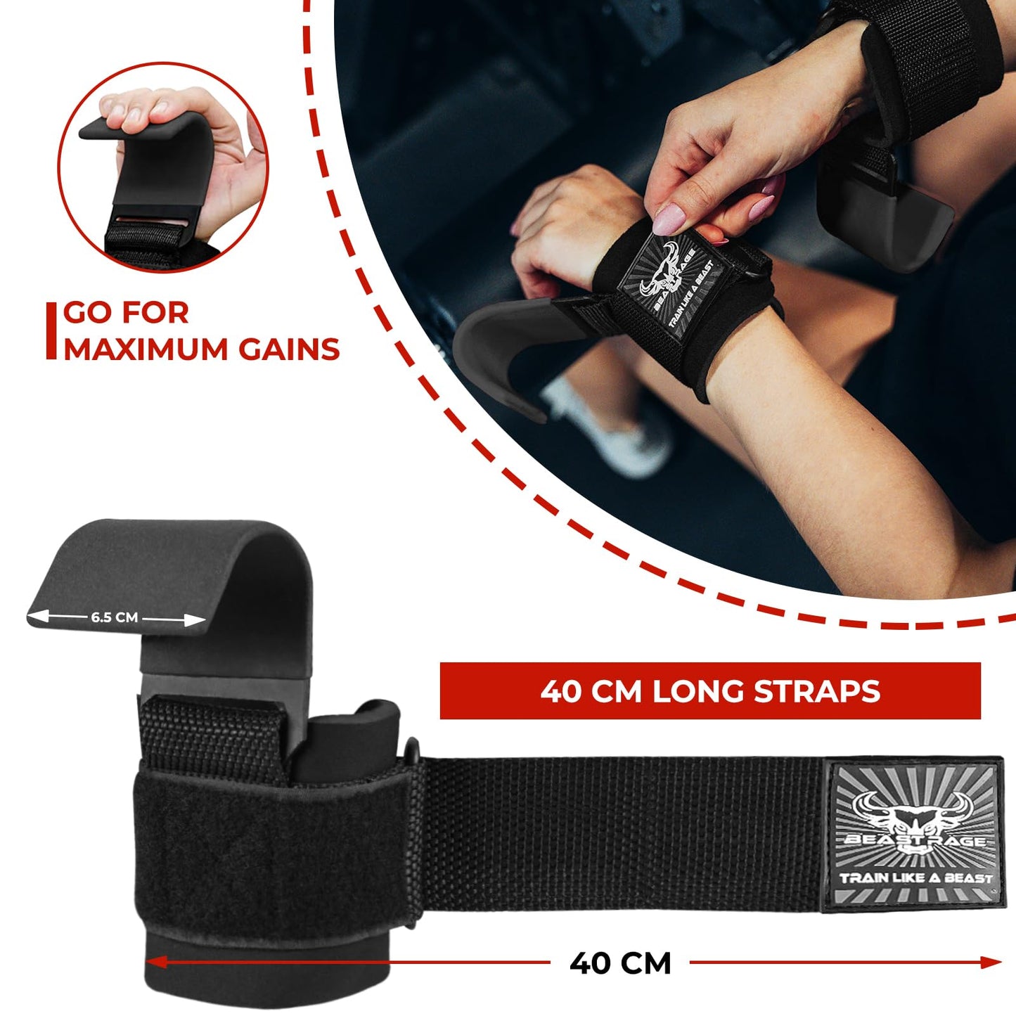 BEAST RAGE Workout Hooks for Men, Durable Coated Grip Gym Straps for Weightlifting Wrist Wraps Training Weight Lifting Strength Fitness Bodybuilding Anti Slip Women Hook Exercise (Black)