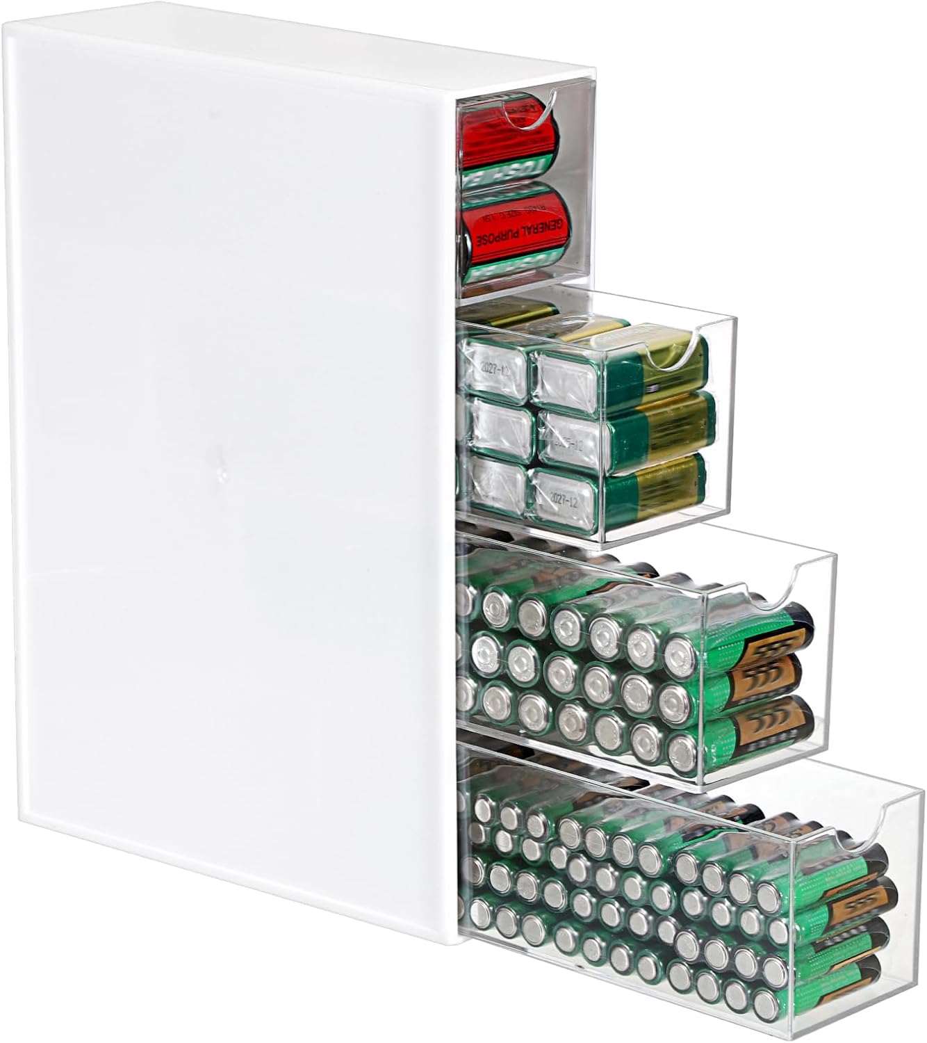 1 Pack 9V, 4-Drawer Common BTSKY White Acrylic Battery Storage Organizer for AA, AAA, C Batteries, Storage Box Battery