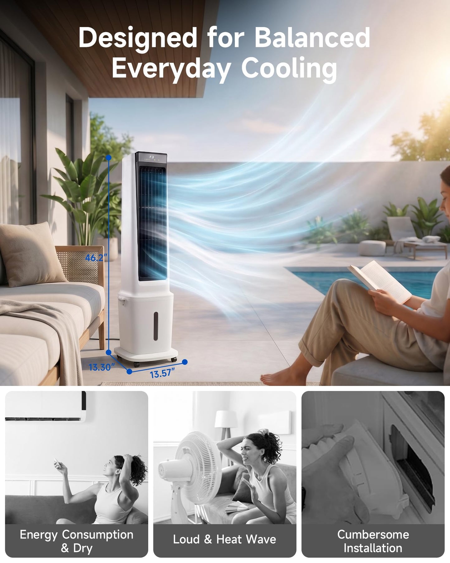 Air Choice Swamp Cooler, 46" Tower Cooling Fans that Blow Cold Air, 4.5Gal Removable Water Tank, 4 Ice Packs, 60° Oscillation, 3 Speeds, 12H Timer, Portable Evaporative Air Cooler for Bedroom Office