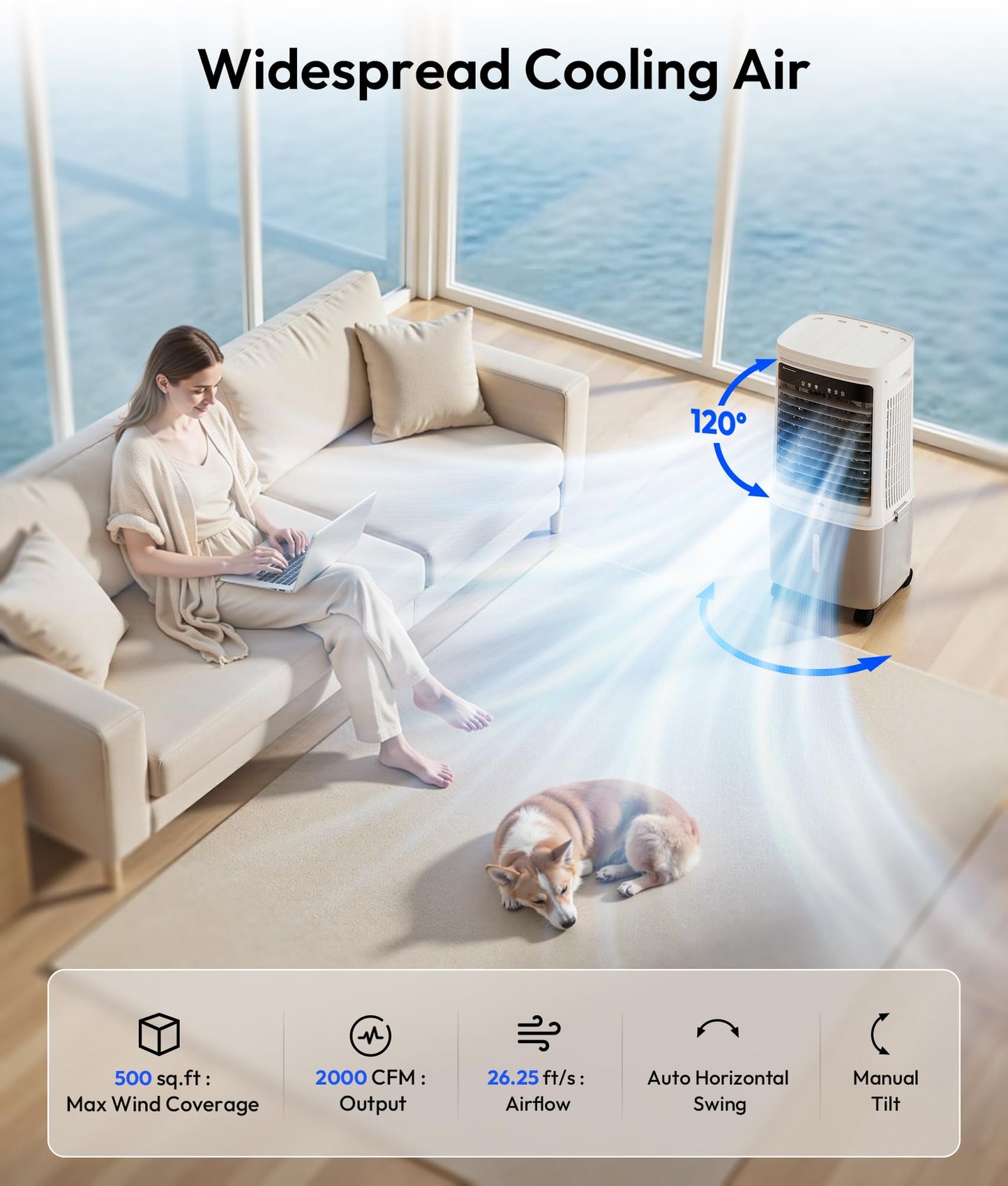 EXNOS 3-in-1 Portable Evaporative Air Cooler - 2000 CFM Swamp Cooler with 6.6-Gal Dual Tank & 4 Ice Packs, Remote Control, 12H Timer, Oscillating Cooling Fan That Blows Cold Air for Large Room, Office