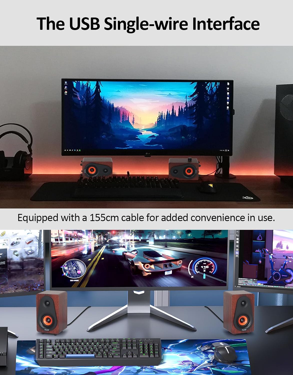 cinnkeyi 12W 2026 USB Computer Speakers Update Wooden Desktop Speakers with Dual Diaphragms, High-Fidelity Stereo