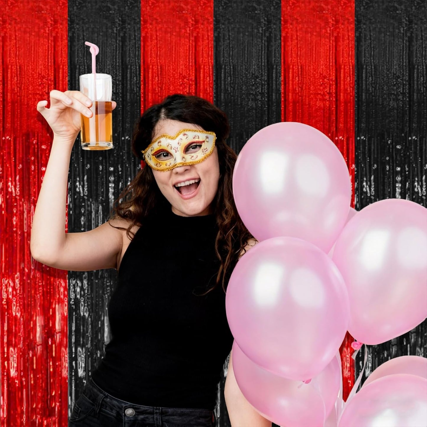 Skiennix 2-Pack Tinsel Curtain Backdrop - Black & Red Foil Fringe for Halloween & Birthday Parties