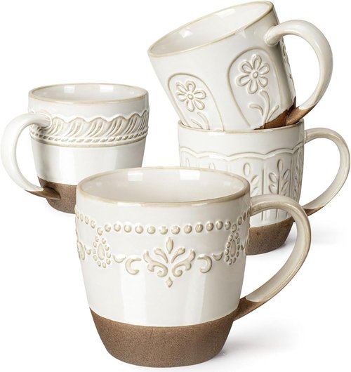 Artena Ceramic Coffee Mugs - Set of 4 Large 16oz Latte Cups | Embossed Design, Dishwasher & Microwave Safe, White