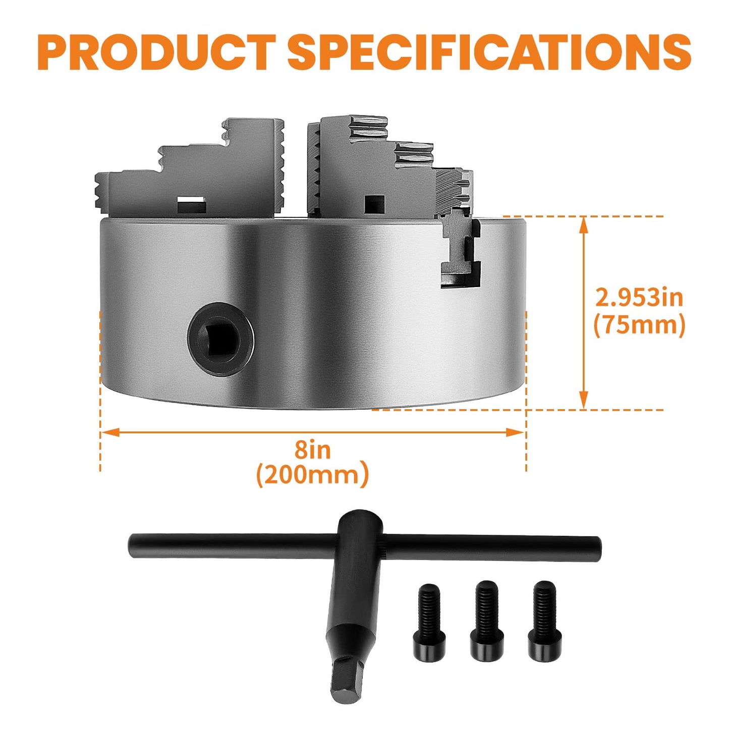 maXpeedingrods 8" 3-Jaw Lathe Chuck K11-200A, Self-Centering Hardened Steel Chuck High Precision with T-Key Mounting Bolts, 180mm Bolt Circle 65mm Center Hole for Metal Lathe Milling Drilling Machine