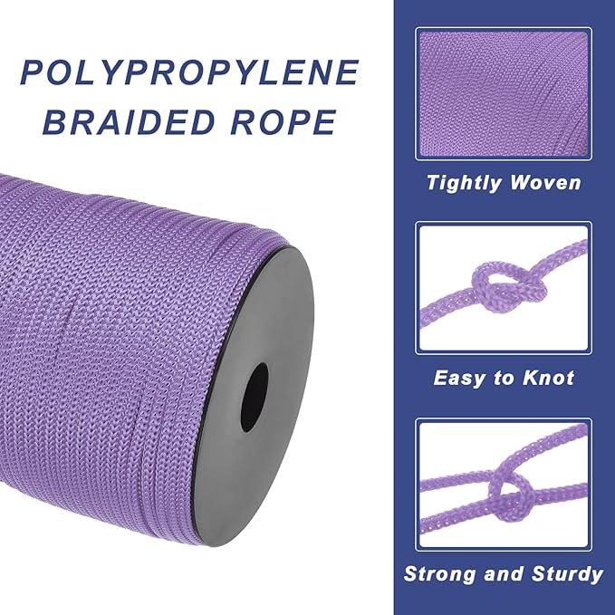 MECCANIXITY 5/32 Inch Polypropylene Rope Braided Ropes, 328ft Camping Rope Hollow Utility Cord for Clothesline, Hiking, Outdoor, Light Purple