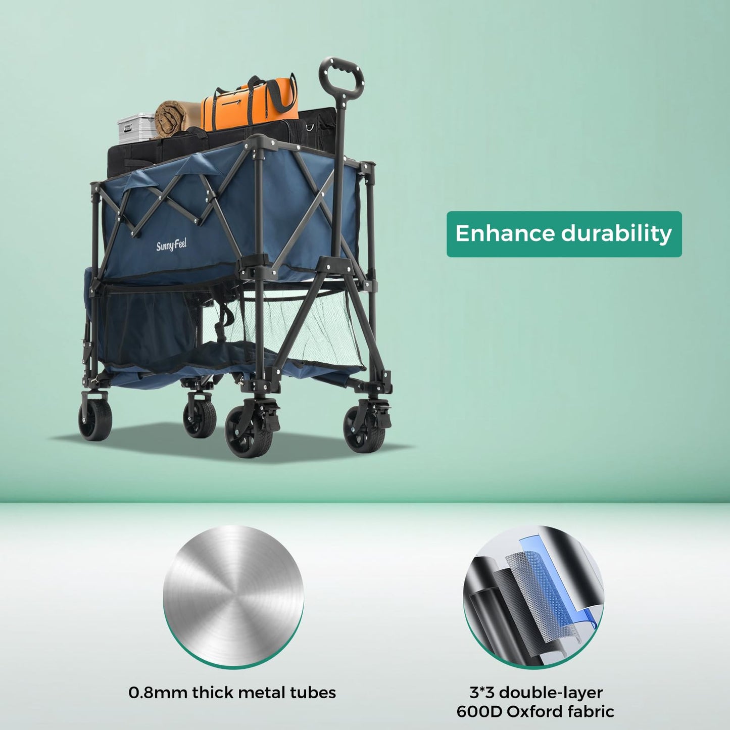 SUNNYFEEL Lightweight 47''L Double Decker Wagon for Sport, 270L Collapsible Wagon Cart,331lbs Collapsible Outdoor Utility Wagon Cart for Shopping Garden Camping,Blue-Lightweight