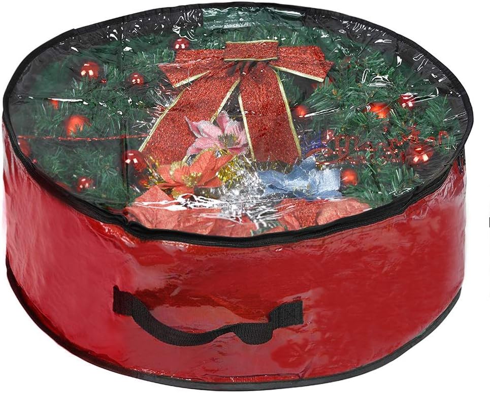 Propik Christmas Wreath Storage Bag - Tear Resistant Holiday Container with Clear Window | 30" X 30" X 8" (Red)