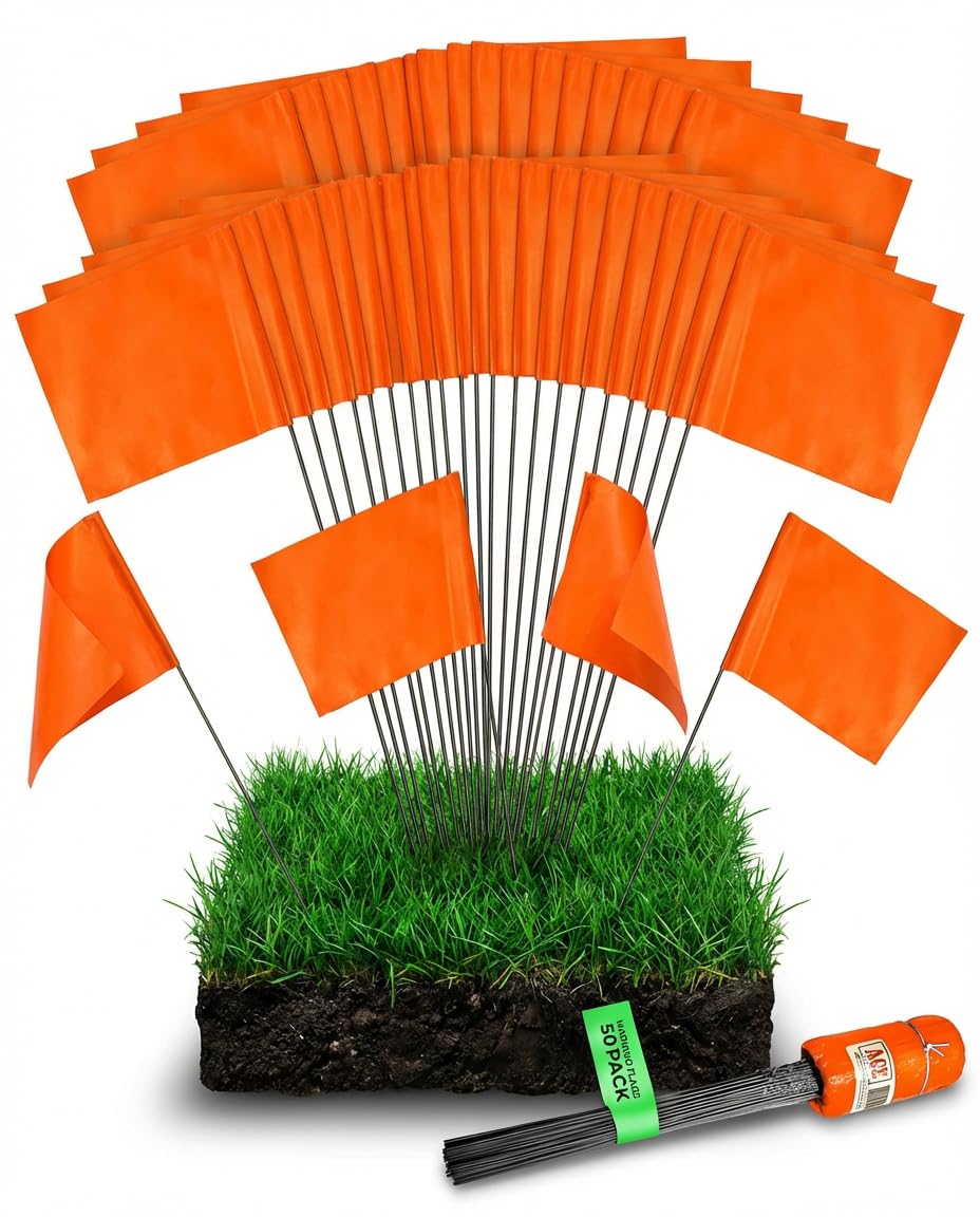 Fluorescent Orange Yard Marking Flags - 4x5x15 Inch Marker Flags - 50 Pack - Markers For Lawn, Irrigation, Landscaping, Survey & Sprinkler Head Marking