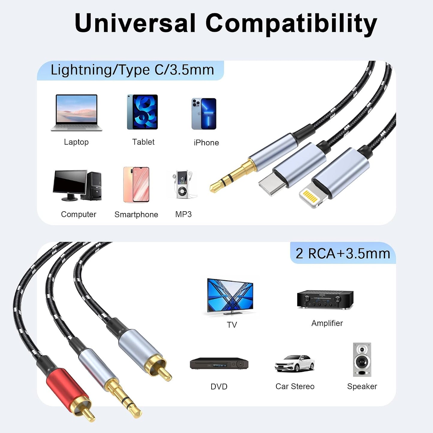 3.5mm Adapter,(3 1 MP3 HDTV(10FT) to RCA Cable, Lightning to RCA Male to Aux Audio Adapter HiFi Sound Headphone Jack