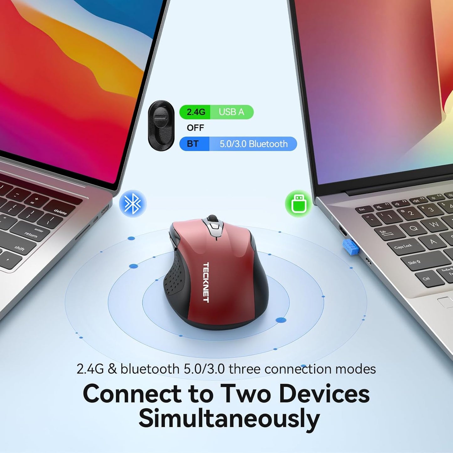 TECKNET (BT5.0/3.0 2.4G) 4800 6 Rechargeable Jiggler Wireless Mouse & DPI Silent USB A & Bluetooth Mouse Buttons, Wide