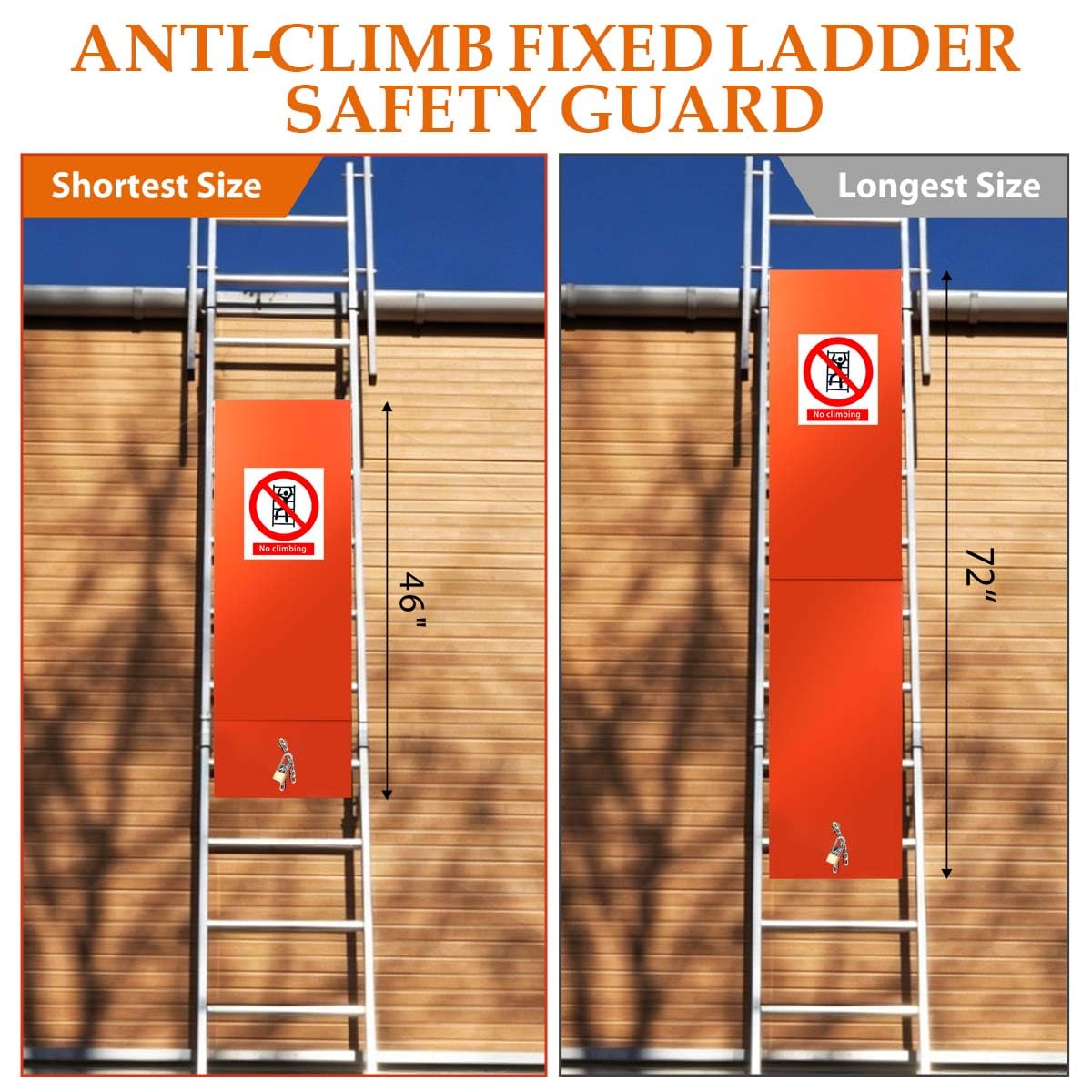 Upgraded 2-Section Fixed Ladder Anti-Climb Safety Guard, Fits 38"–75" Ladders – Heavy-Duty Fixed Ladder Resistant Security Guard, Dual Locking Mechanism for Roof Hatch & Outdoor Secure Access (Orange)
