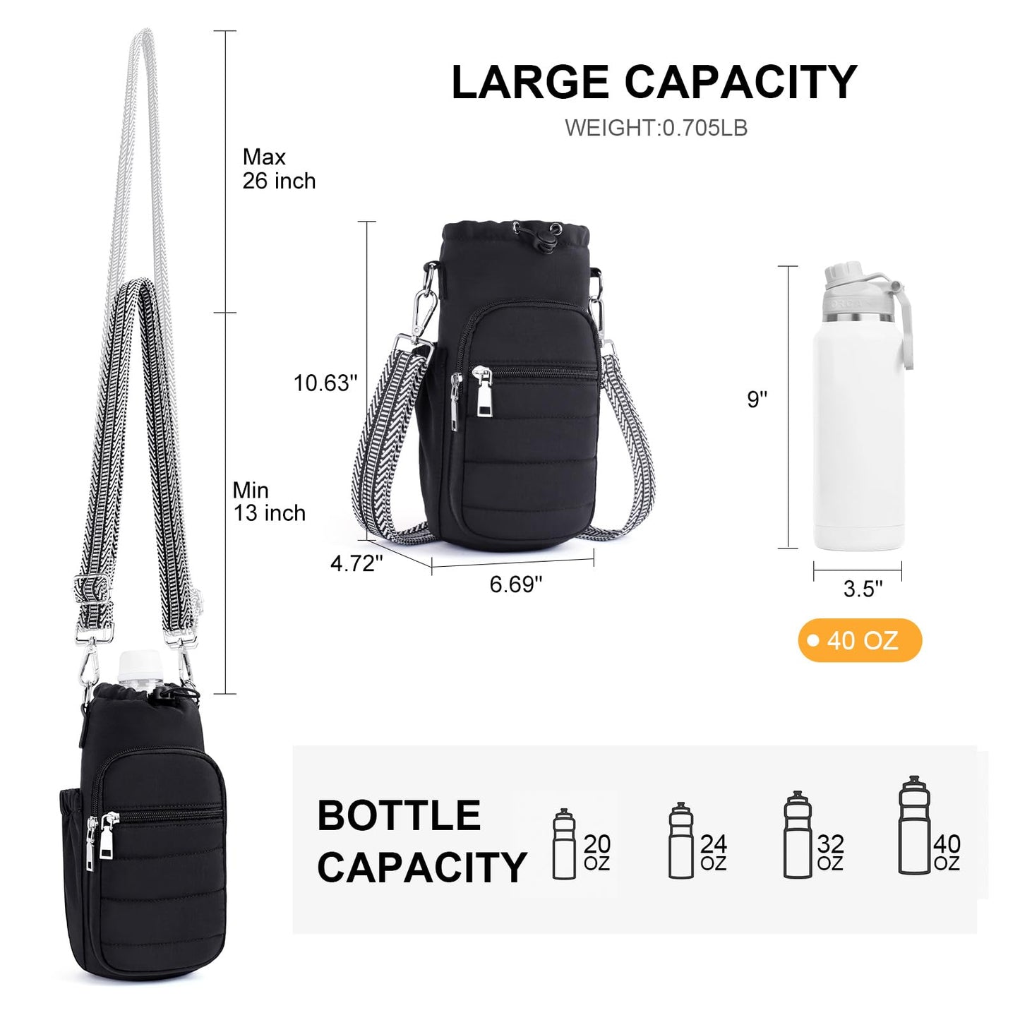 Lexiyat Water Bottle Bag 40 oz Crossbody Water Bottle Holder for Walking Hiking Insulated Compartment Carrier Purse with Adjustable Strap Black