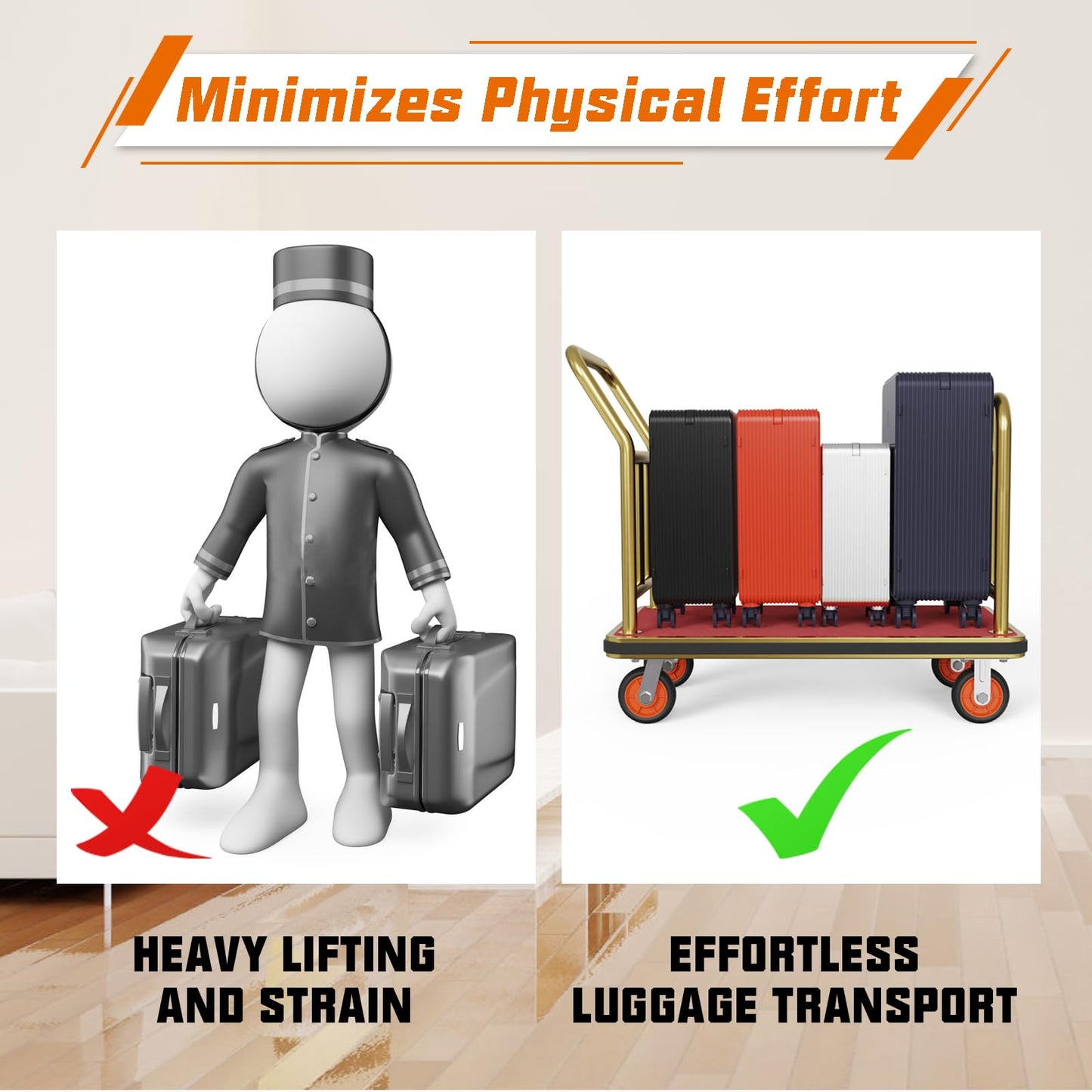 Fauenpeey Gold Hotel Metal Classic Luggage Cart 42"x24" Bellman Cart Baffle Guardrail Weight Capacity Up to 850 lbs
